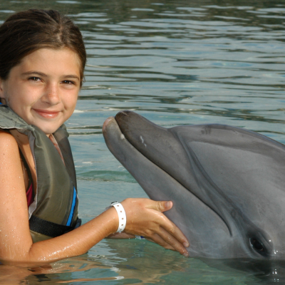 A little girl wearing wetsuit having a dolphin tour experience.