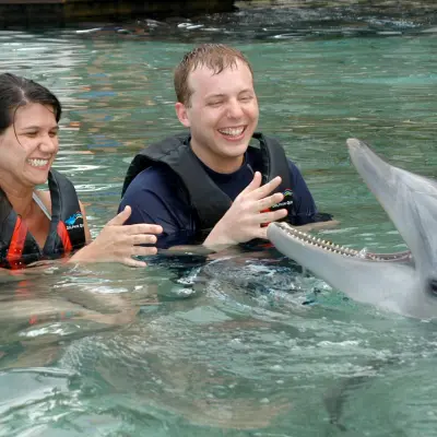 A young couple wearing wetsuits having a dolphin tour experience.