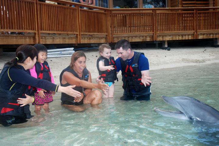 A family wearing wetsuits having a dolphin tour experience.