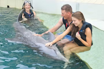 A dolphin interaction of a young couple and a crew in the pool.