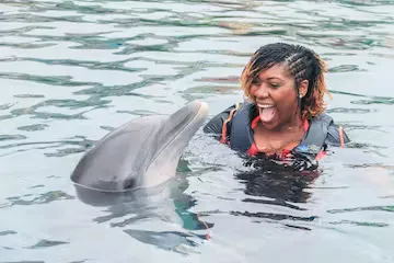 A dolphin interaction of a young woman in the pool.