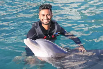A dolphin interaction of a young man in the pool.