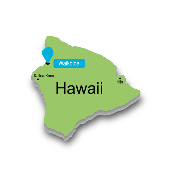 A map showing Waikoloa, Kailua-Kona, and Hilo locations in Hawaii.