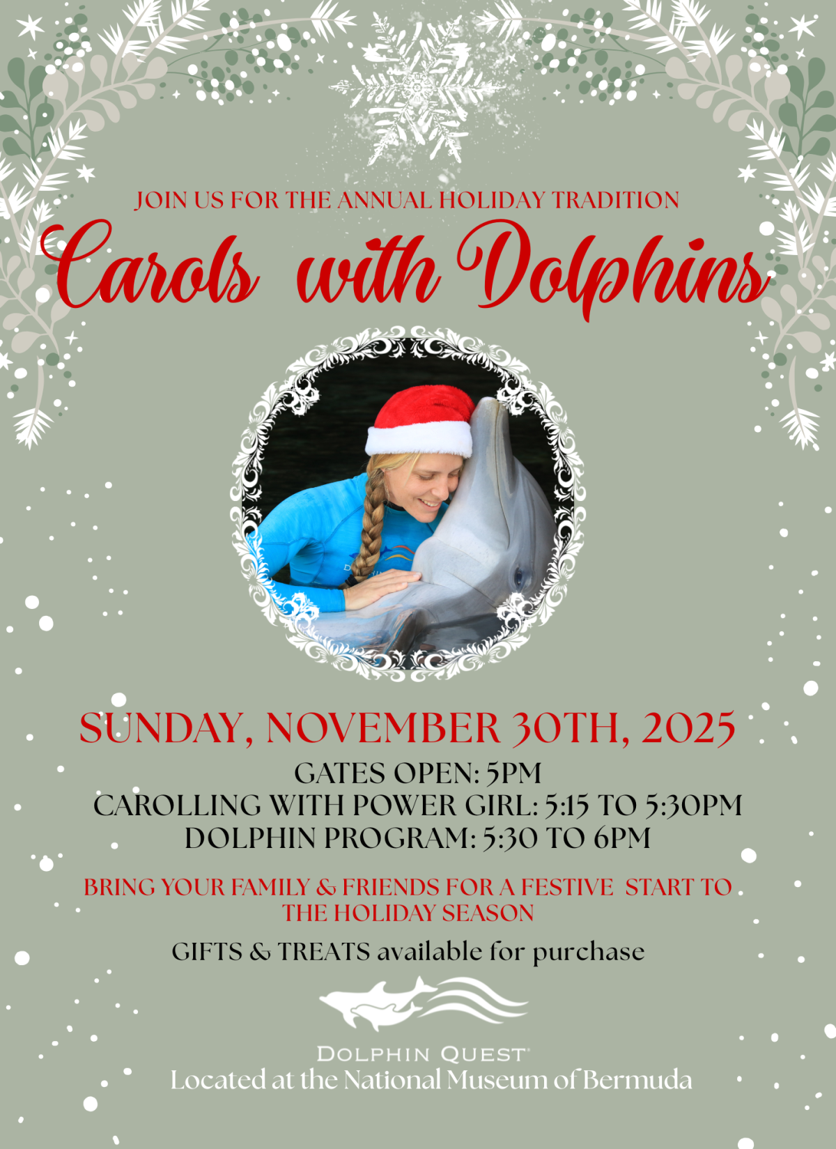 Holiday event flyer titled 'Carols with Dolphins' featuring a woman hugging a dolphin.
