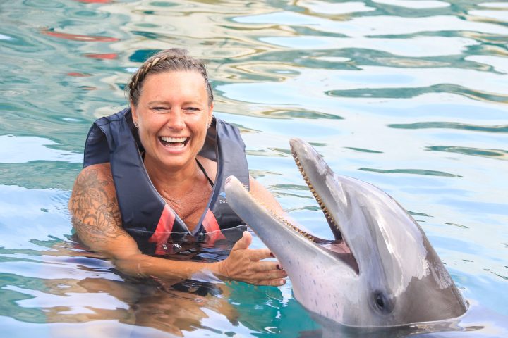 Dolphin interaction of a woman wearing wetsuits in the pool.