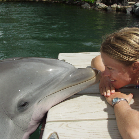 A woman and a dolphin facing each other.