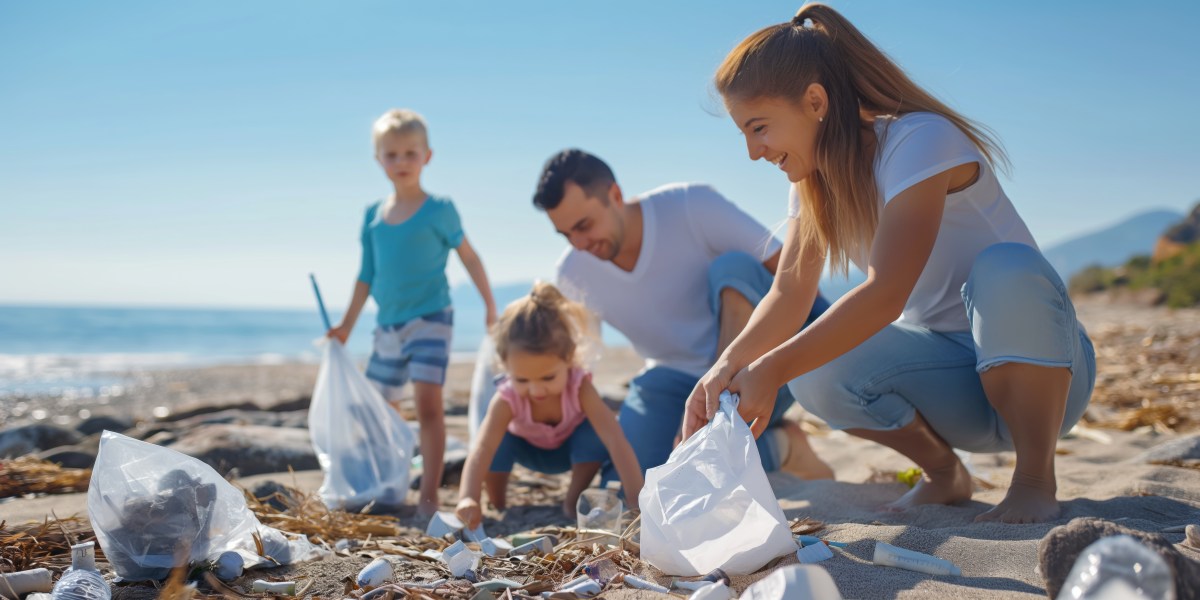 A family is enjoying a summer day at the beach, volunteering together by collecting litter and garbage. Family collecting trash on a sunny beach, holding bags and smiling.