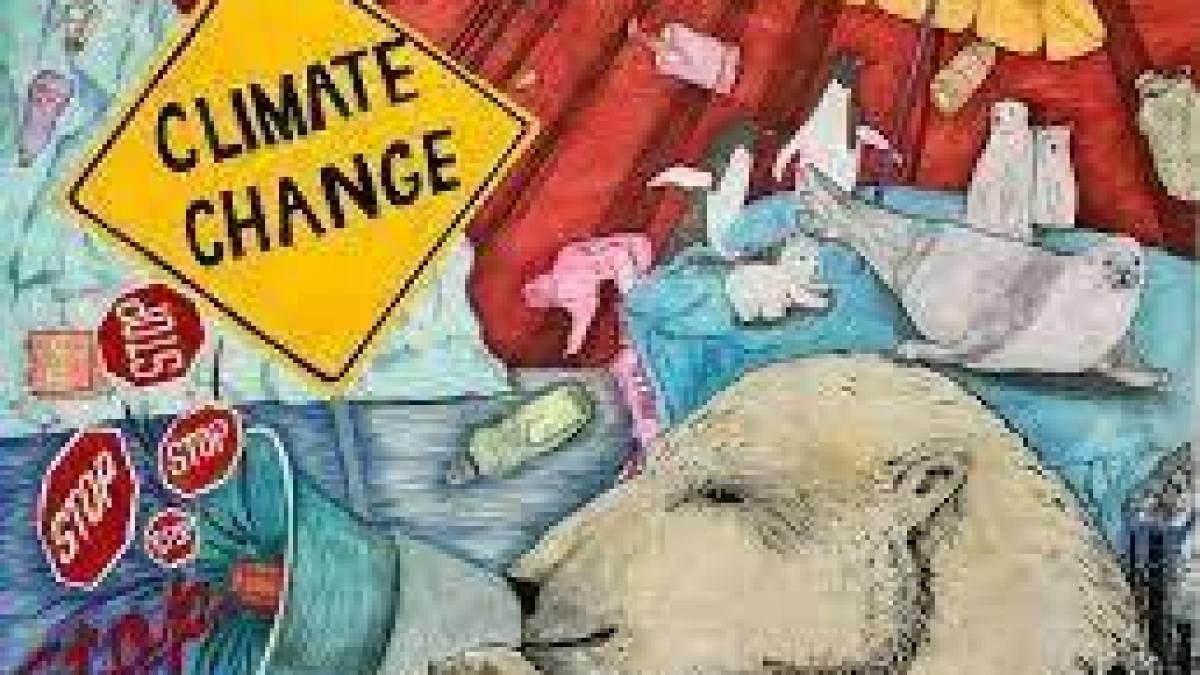 A drawing of a dog holding a speaker and says 