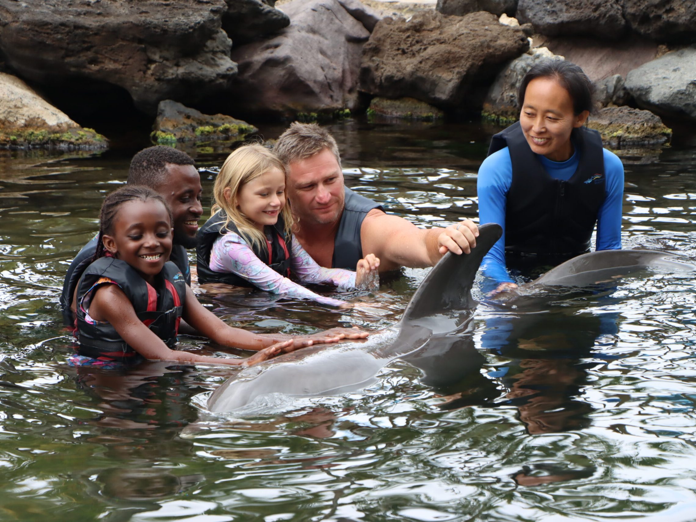 A group of people including young children wearing wetsuits enjoying their first encounter with the dolphin.