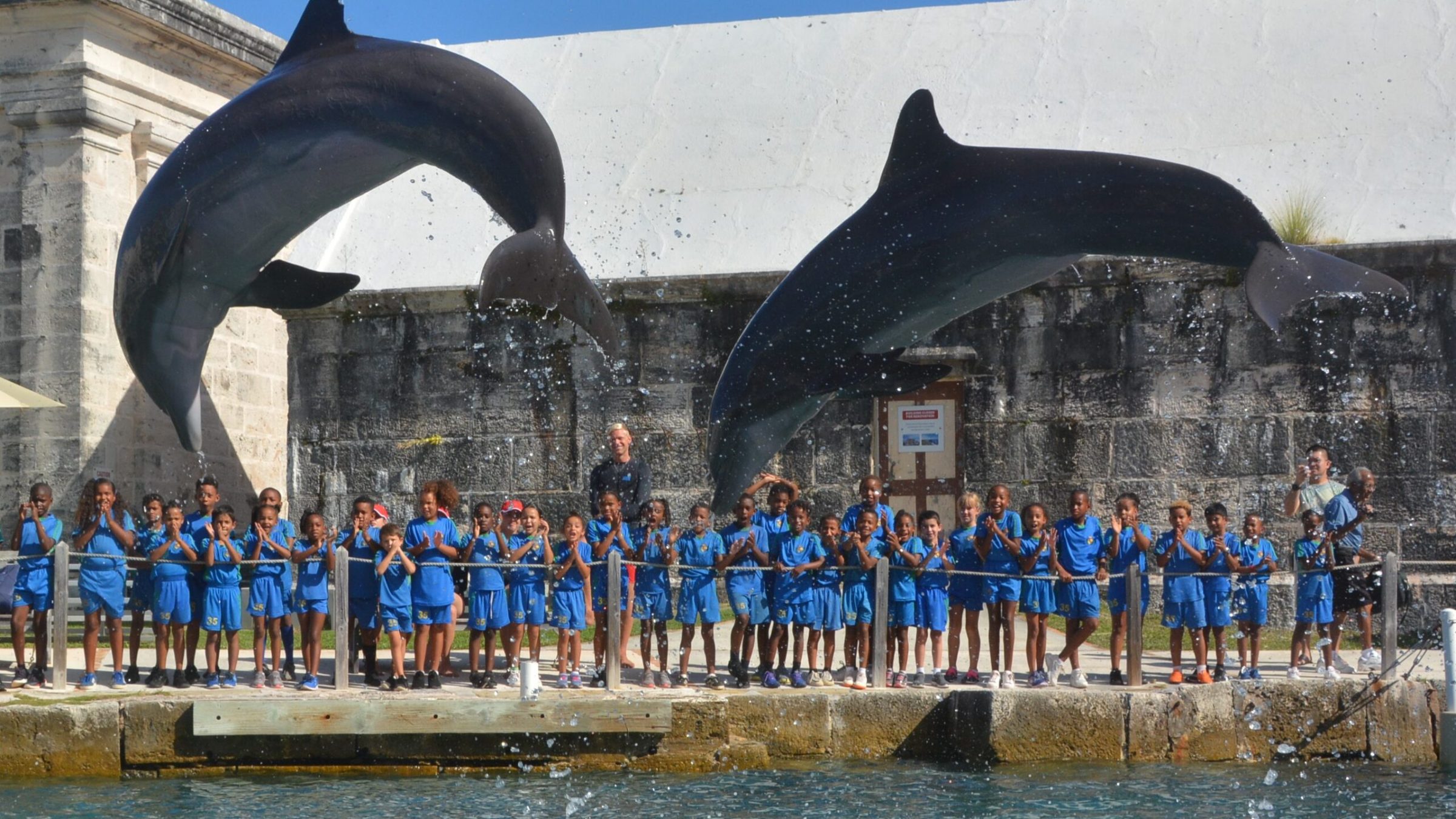 Dolphins leaping out of the water in front of little children wearing blue shirts and pants together with their crew.