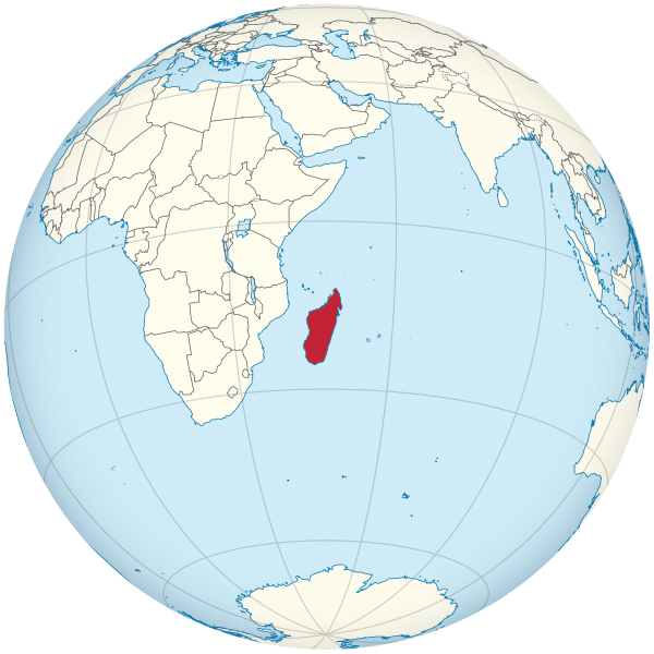 Madagascar world globe highlighting the location of the island of Madagascar