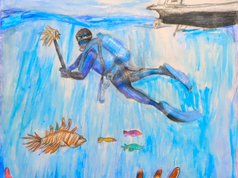 a painting of a blue wall