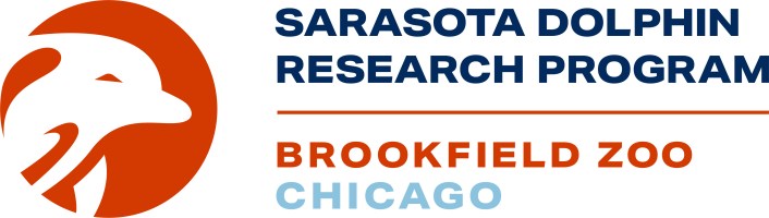 Logo with orange dolphin silhouette and text: Sarasota Dolphin Research Program, Brookfield Zoo Chicago.