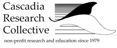 Cascadia Research Collective logo with whale tail and text about non-profit research since 1979.