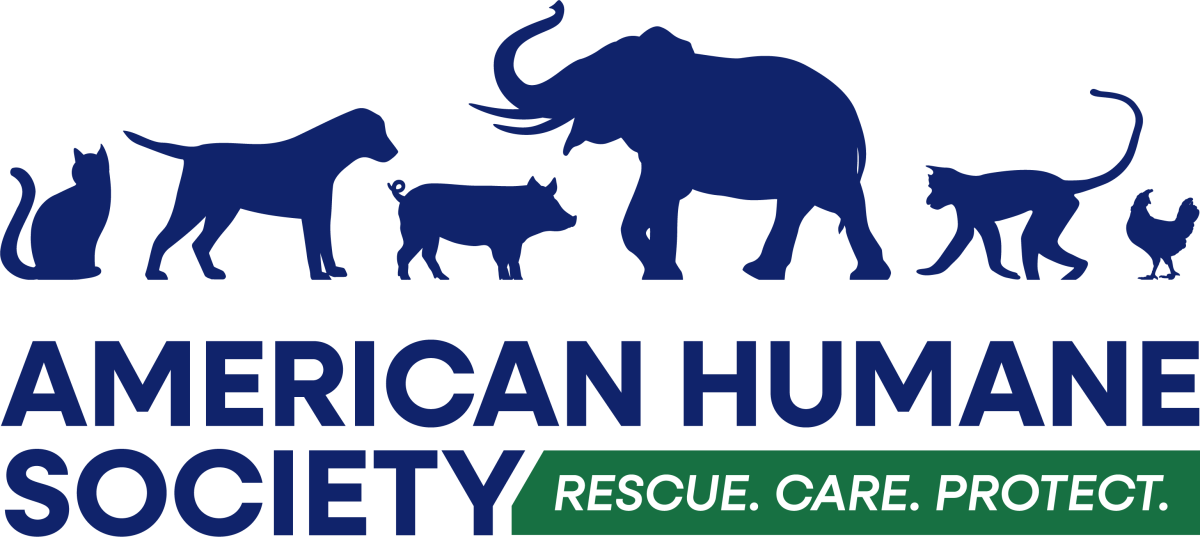 Silhouettes of animals above the text 'American Humane Society. Rescue. Care. Protect.'