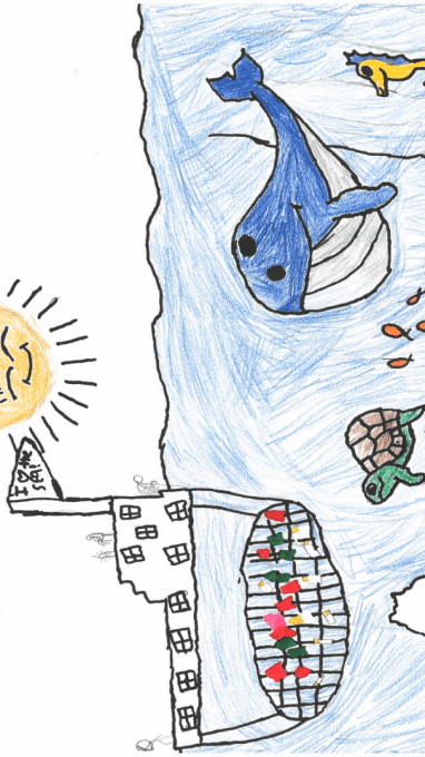 Colorful child-drawn cityscape with sun, whale, seahorse, turtle, fish, and buildings.