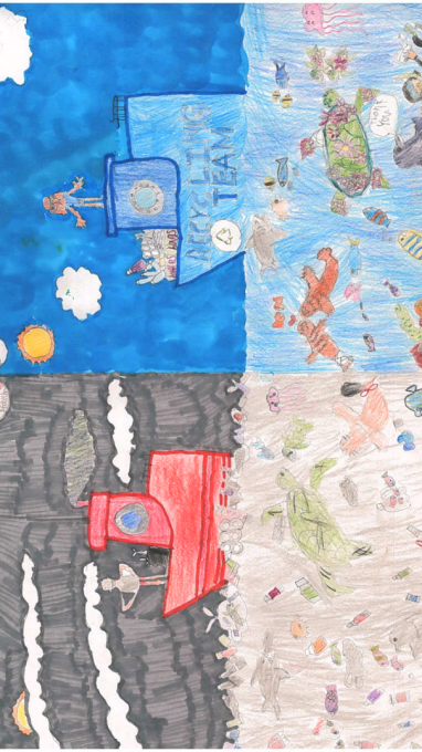 Split image: Top half shows clean ocean and blue ship; bottom, polluted sea and red ship.