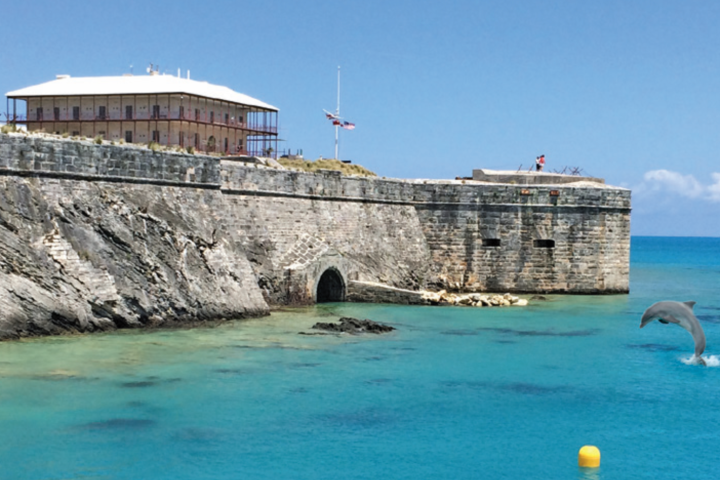 Stone building by turquoise sea, dolphin jumping, and yellow buoy in Bermuda.