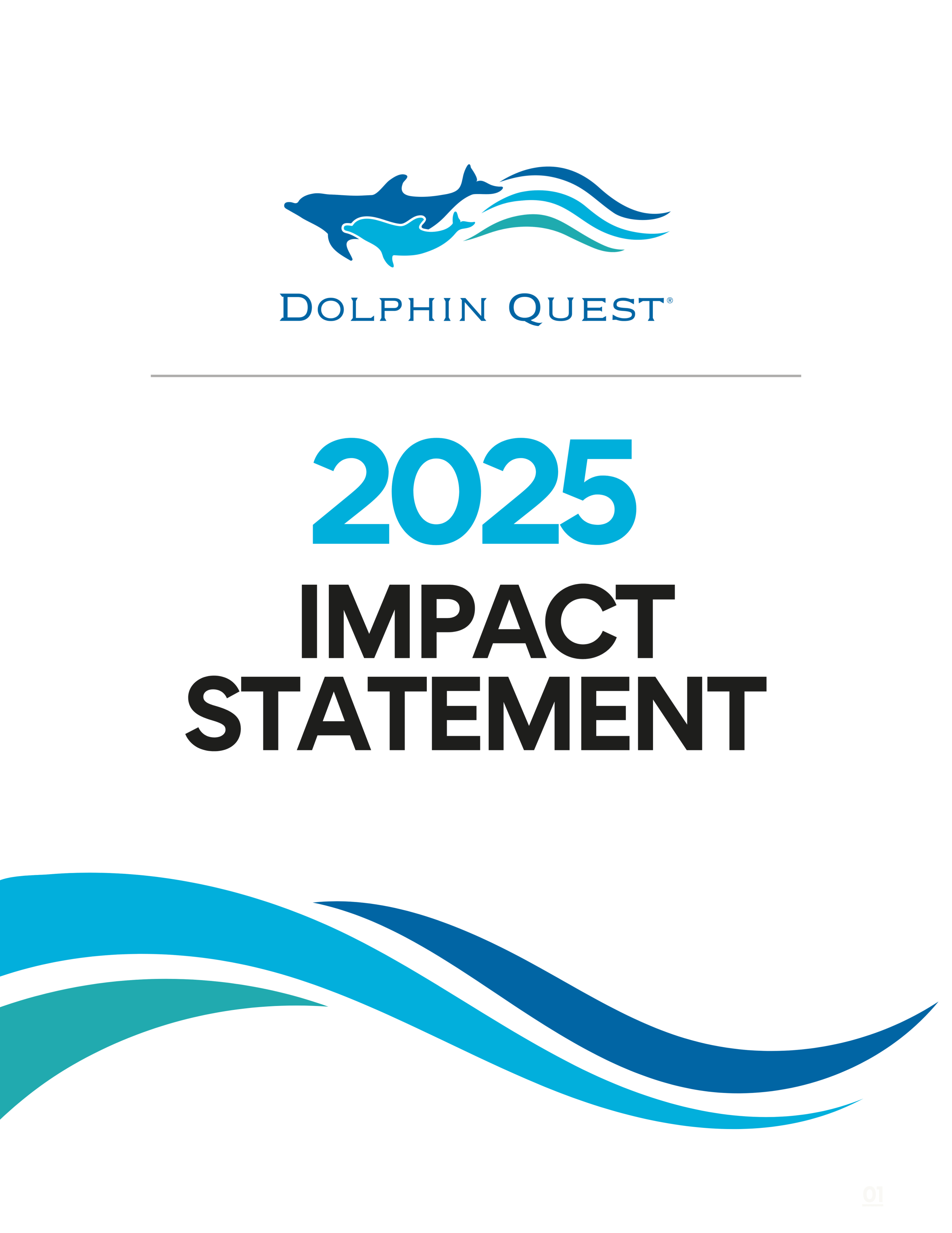 Cover with 'Dolphin Quest 2025 Impact Statement' and wave graphics.