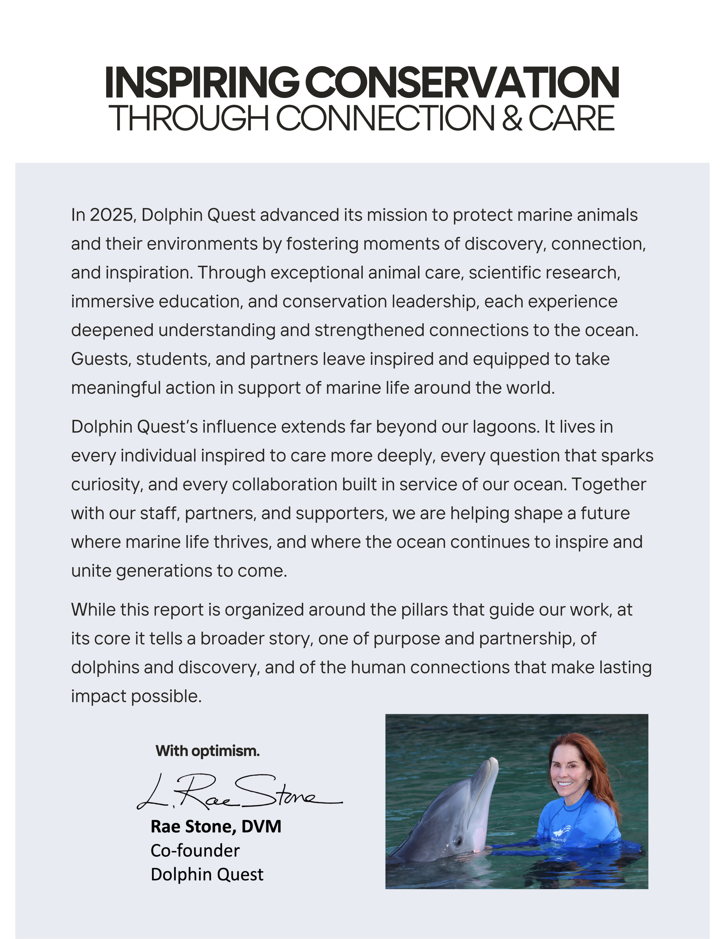 Letter from Dolphin Quest about conservation, with a signature by Rae Stone at the bottom and a dolphin image.