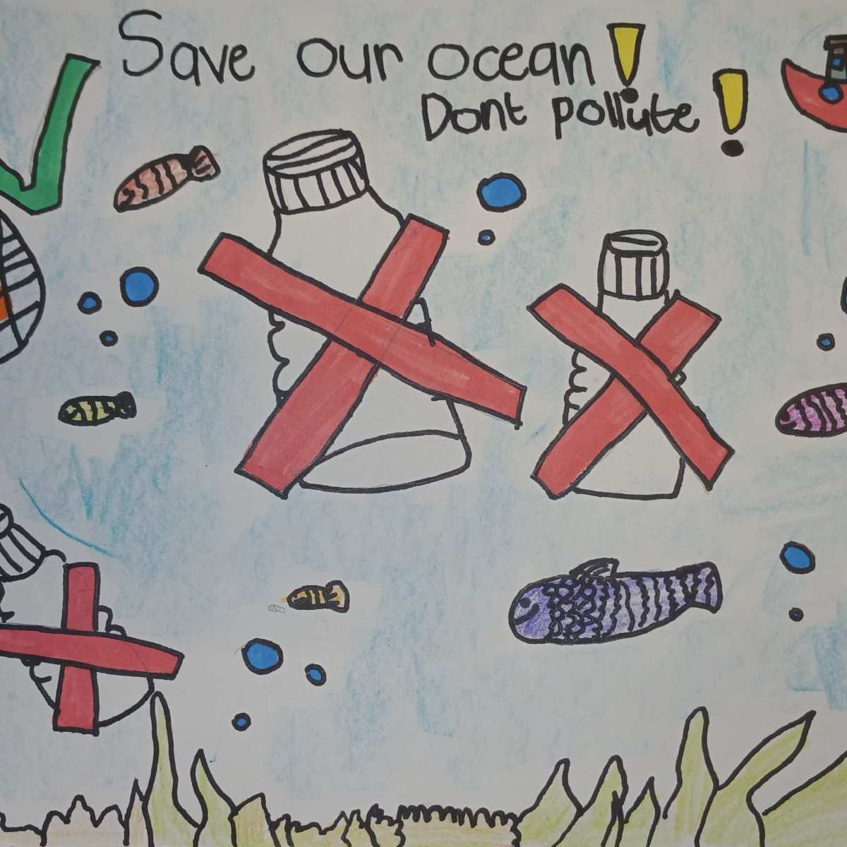 Child's drawing with ocean theme, urging to save the ocean, avoid pollution; features fish, boats, and crossed-out bottles.