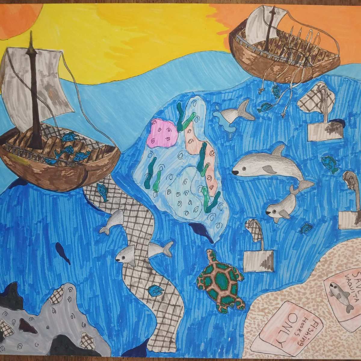 Drawing of two ships on a blue sea with dolphins, a turtle, and ocean debris under a bright sun.