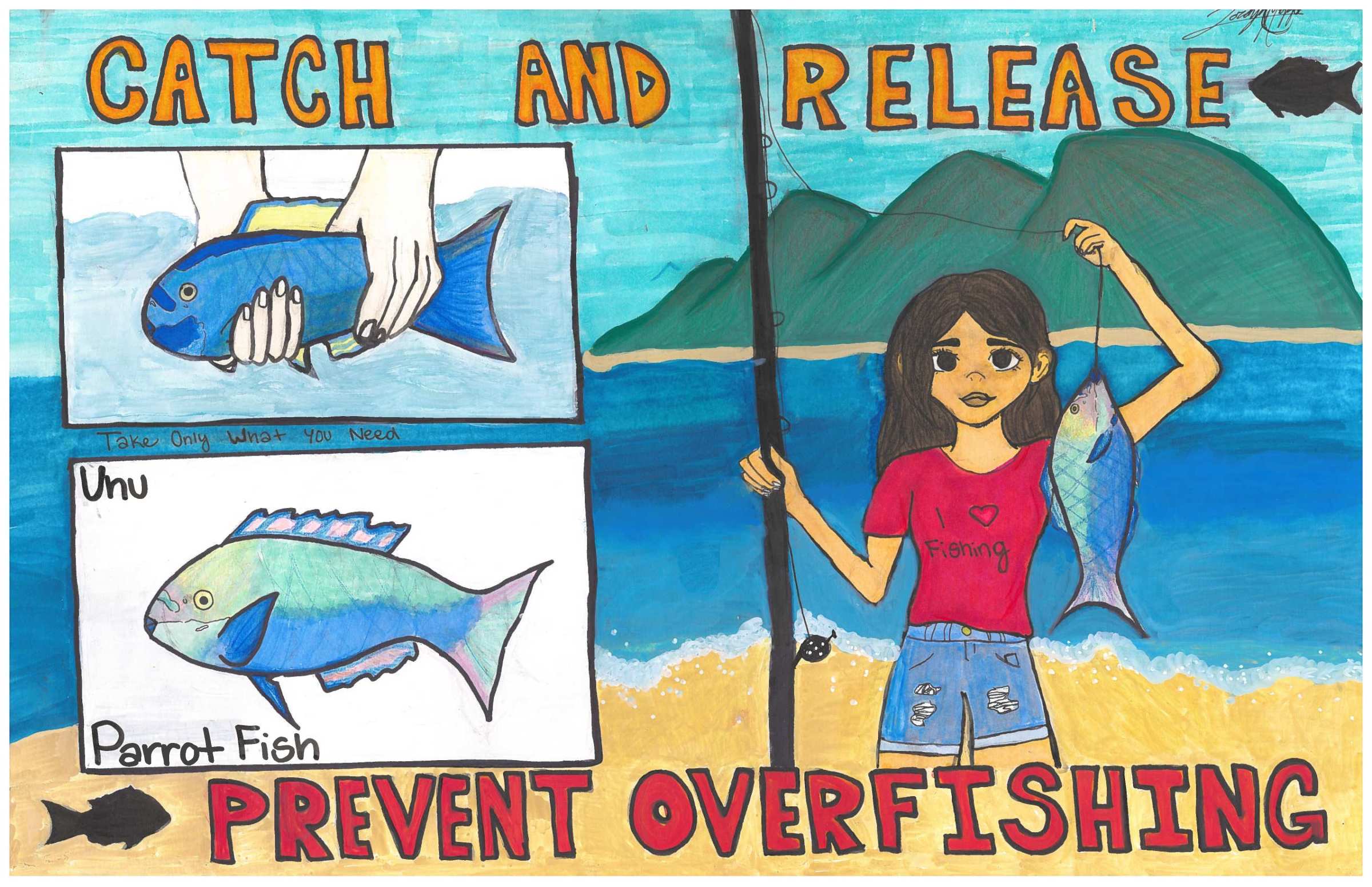 Drawing of a girl with a fish, promoting 'Catch and Release' to prevent overfishing, with beach and mountains in background.