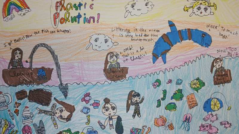 Colorful child art showing ocean pollution with plastic, boats, fish, and speech bubbles.