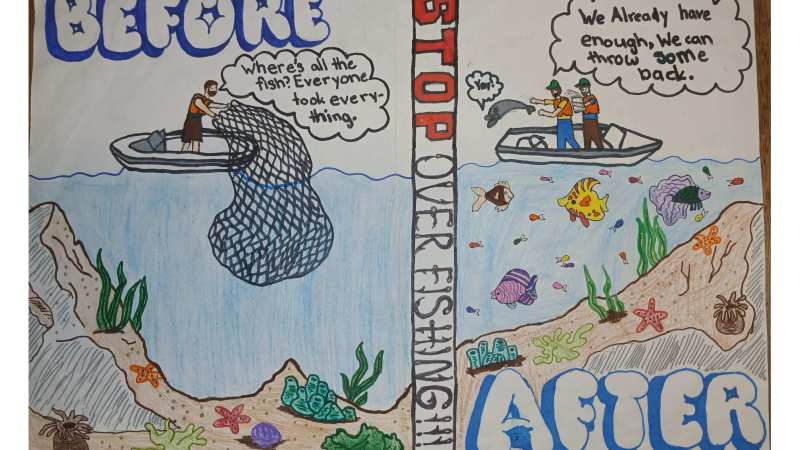 Illustration of overfishing before and after with two boats, conversation bubbles, and marine life.