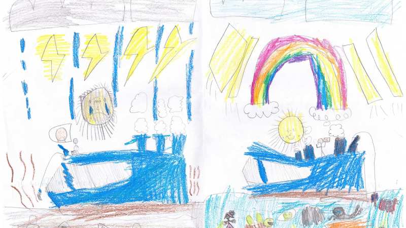 Child's drawing of a boat in storm on left and rainbow on right with sun, clouds, and lightning.