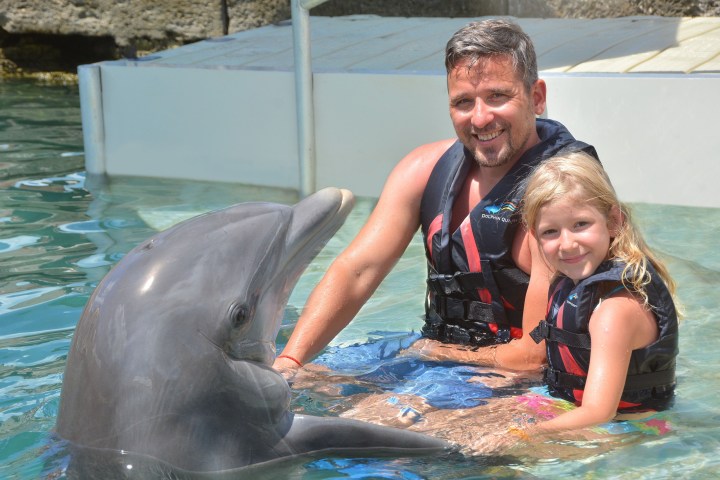 Man and girl smile with dolphin in clear water, wearing life jackets.